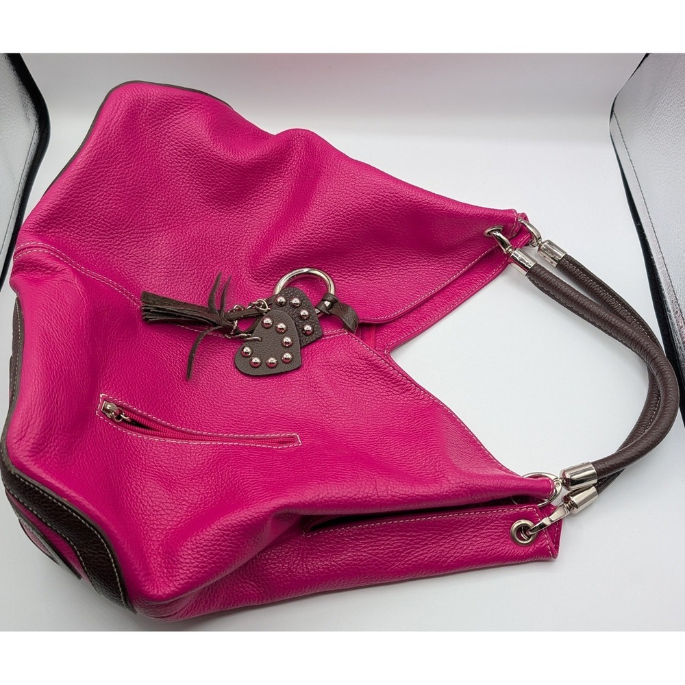 Vera Pelle Italy Pink Leather Hobo Bag Studded Heart Tassel Magenta Brown Accent